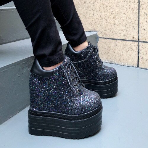 14cm dames ronde neus platform pailletten bling sneakers wedge super hoge verborgen hak schoenen punk kant  up 2 kleuren meisjes: Paars / 35
