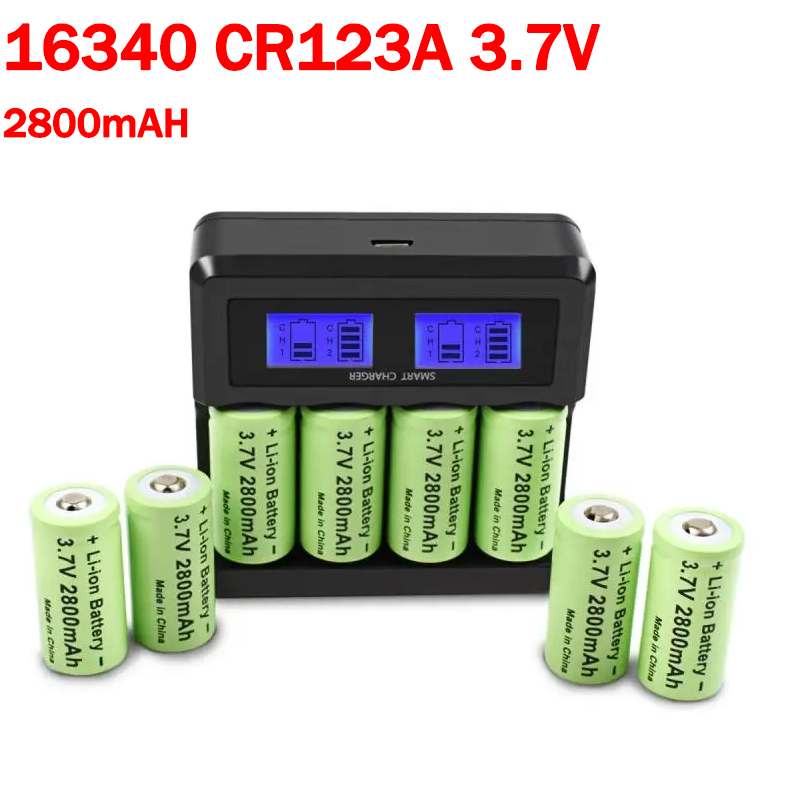 2800 mAh wiederaufladbare 3,7 V Li-Ion 16340 CR123A CR123 Akku + LCD-Ladegerät für Arlo-Überwachungskamera für Taschenlampen-Akku