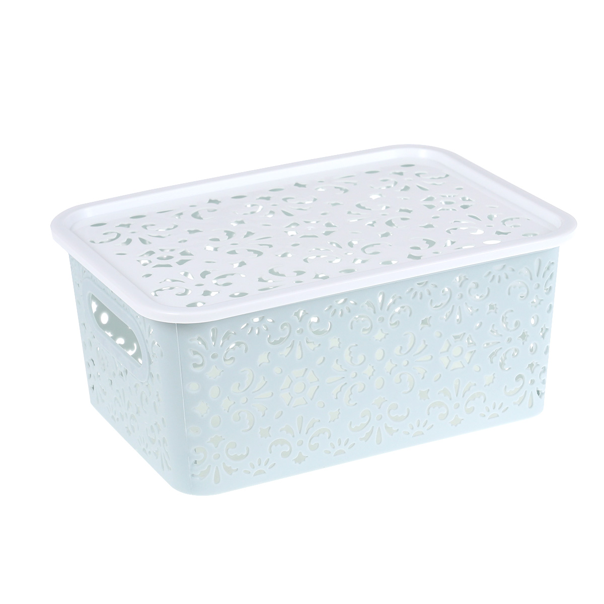 Caja de almacenamiento de plástico, contenedor de almacenamiento apilable, cesta de almacenamiento delicada hueca con tapa para ropa, juguete, suministros para el hogar: Azul cielo
