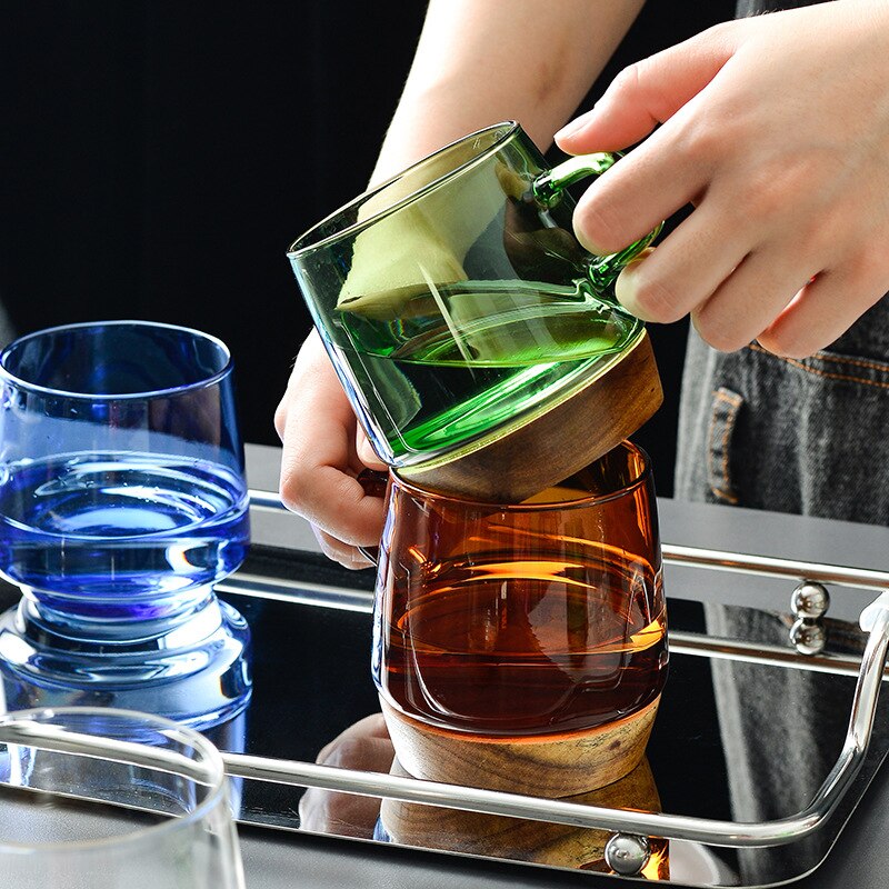 Tasse en verre coloré à haute teneur en Borosilicate, sous-verre en bois, tasse à café, tasse à thé, verre à jus de lait