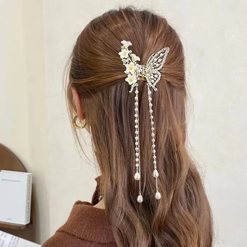 Pinzas de cangrejo y tiburón para niña, accesorios para el cabello, horquilla coreana para mujer, pinza para el cabello Simple de cristal, pinza para el cabello con borla de perlas y mariposa