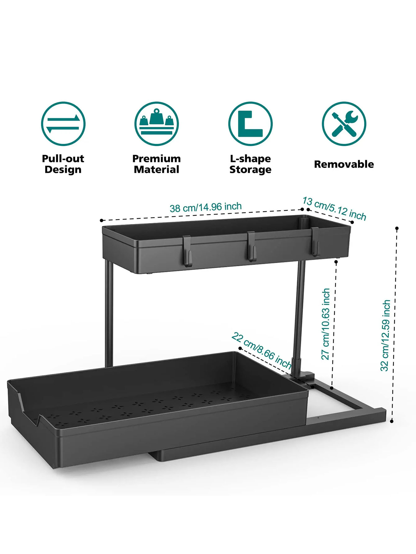 Under Sink Organizer Holder Kitchen Cabinet Drawers Organization Shelf with Double Sliding L-shape Narrow Space Storage Rack