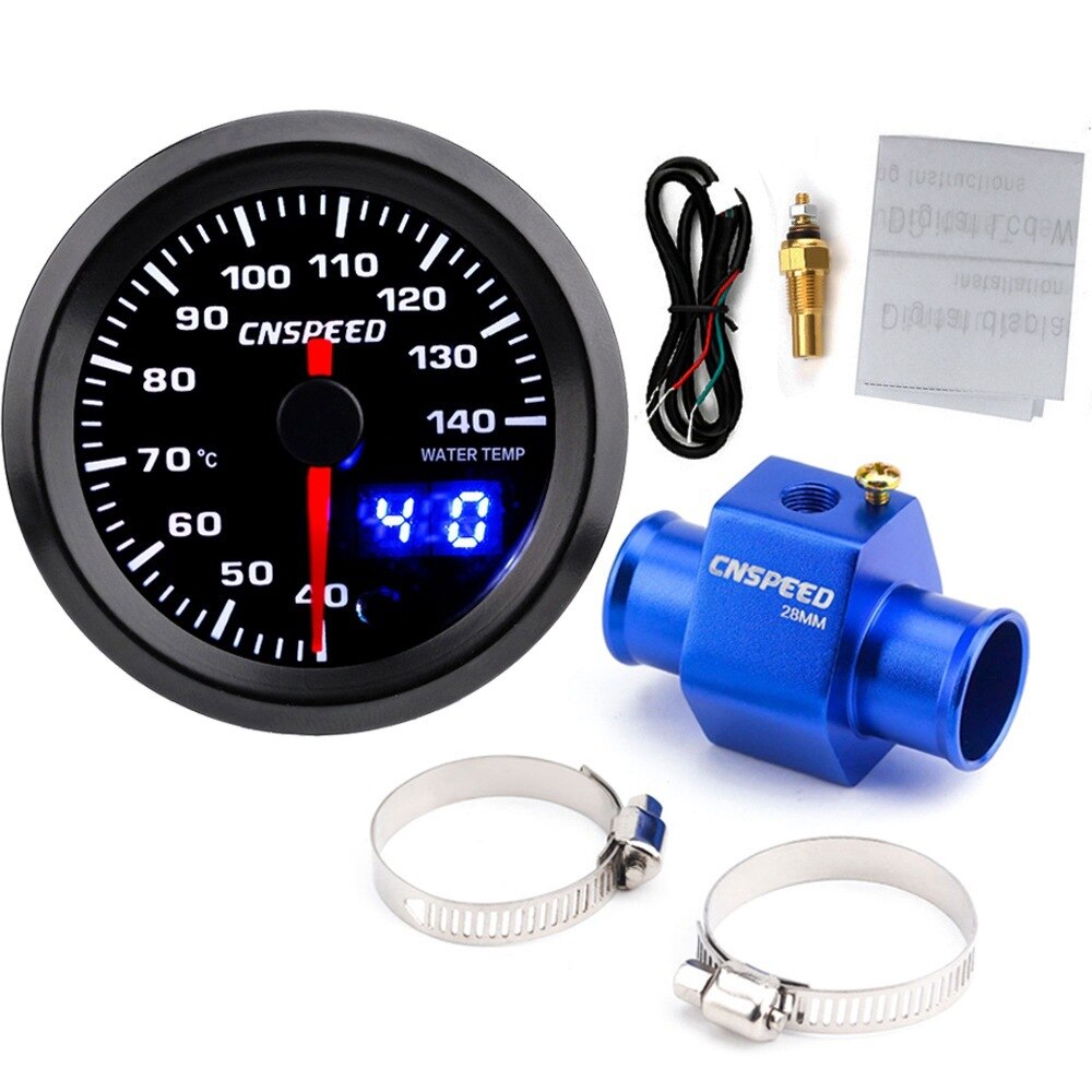 2 " 52mm 7 farver led bil vandtemperaturmåler 40-140 celsius digitalt dobbelt display med sensor og vandtemperatur sensor adapter: Med 28mm