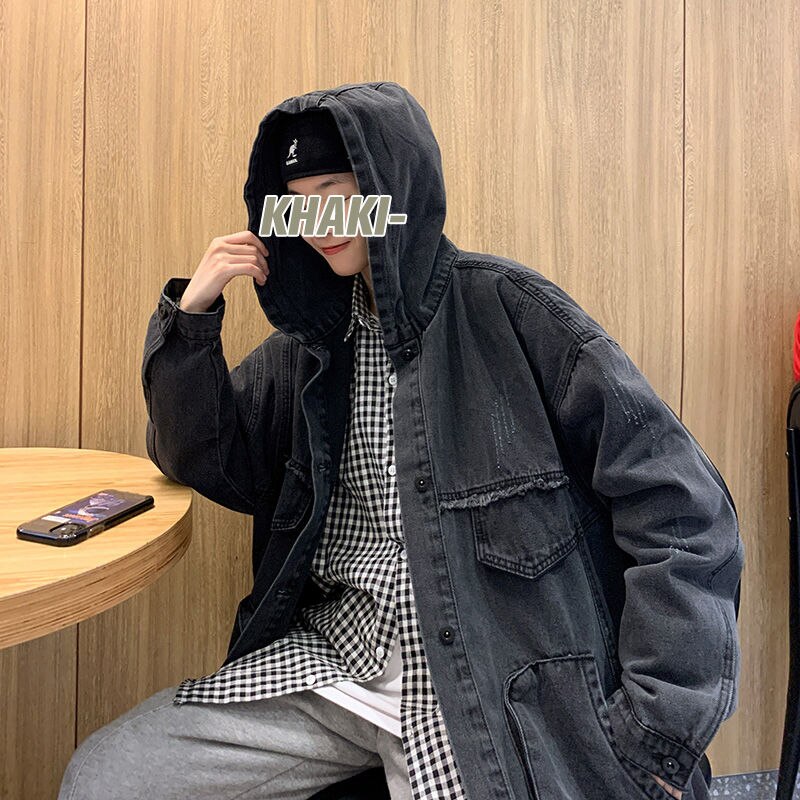 Autumn Hooded Denim Jacket Men's Retro Casual Thick Denim Jackets Mens Streetwear Loose Hip-hop Bomber Jacket Men M-2XL