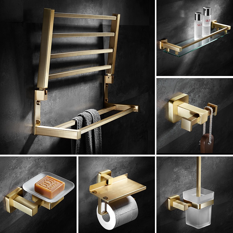 Bathroom Accessories Set Solid Brass Towel Bar/Rack Tissue Rack Toilet Brush Holder Corner Shelves Bath Hardware Brushed gold