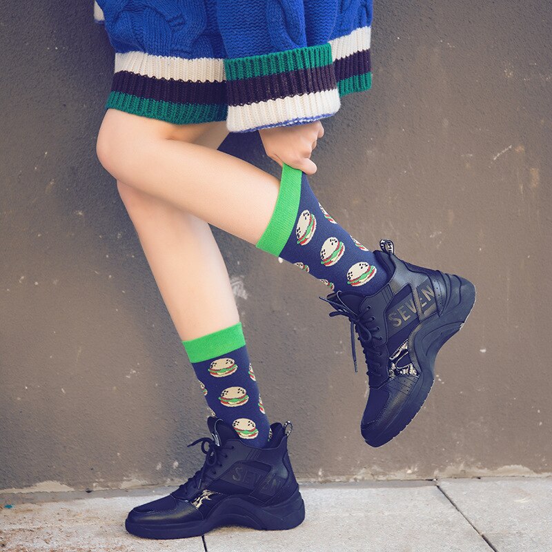5 Paires/pack Happy Socks D'avocat Sushi Omelette Burger Pomme Nourriture Drôle Coton Chaussettes Femmes Chaussette Longue Hiver Femme