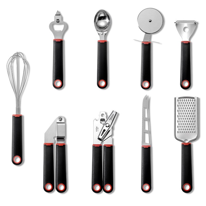 Plastic Handle Stainless Steel Kitchen Gadget Set Home Kitchenware 9-piece Set Of Set Egg Beater: Black and red handle