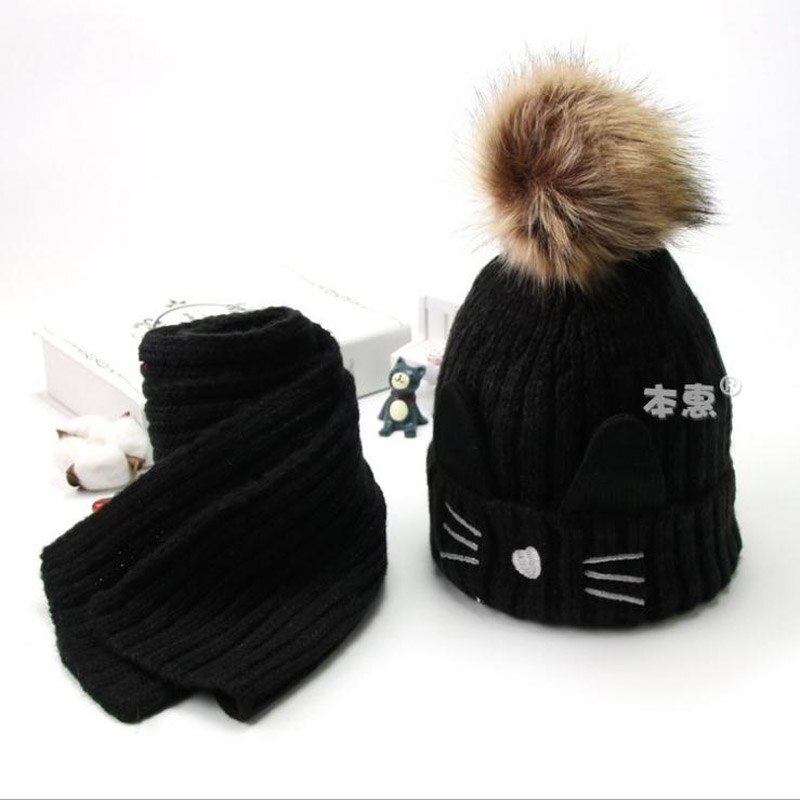 Karikatur katze hairball mützen setzt samt wolle freundlicher Art Gestrickte pelz hüte Winter pelz innen 2 stücke Baby mädchen schal Hütte einstellen: Schwarz