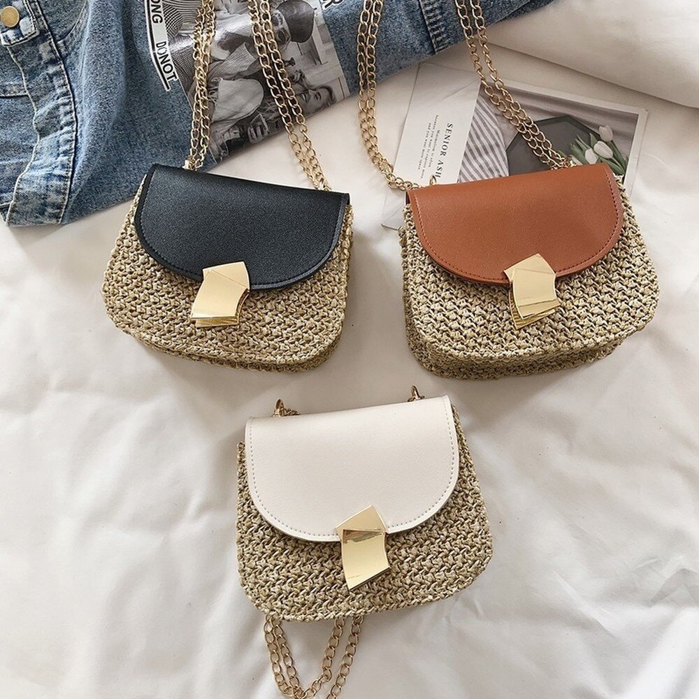 Vrouwen Messenger Bag Stro Strand Geweven Rotan Tas Ketting Band Vrouwelijke Schoudertas Kleine Dames Crossbody Flap Bag Bolsa Feminina