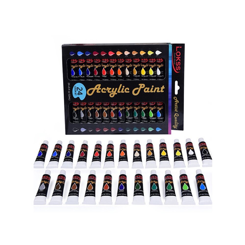24colors 12ML Waterproof Acrylic Paint Set Painting Pigment Non-Toxic Glass Graffiti Hand Painted for Children and Adults