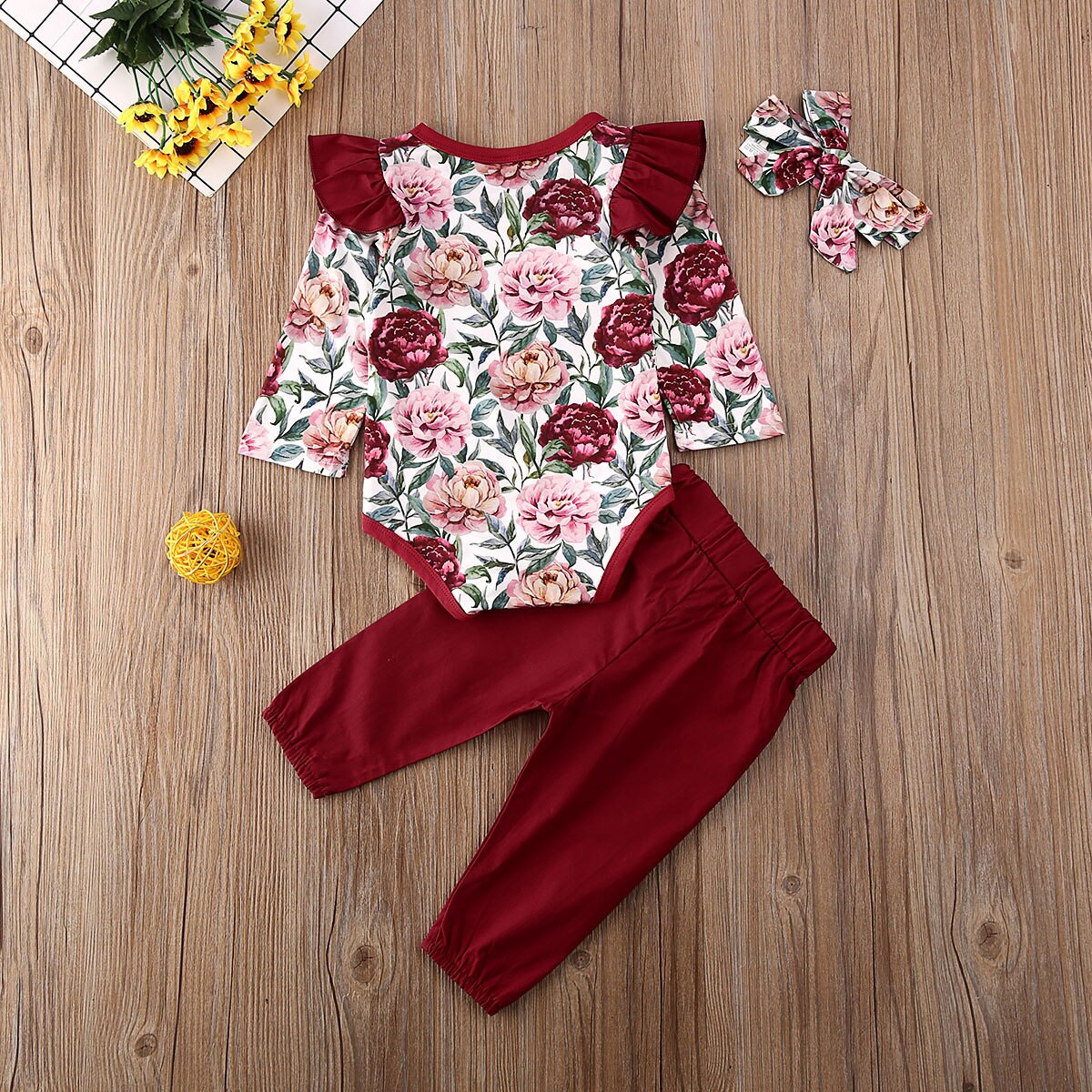 3pcs Newborn Baby Girl Clothes Sets 0-24M Floral Long Sleeve Romper Tops+Pants+Headband Outfits Set