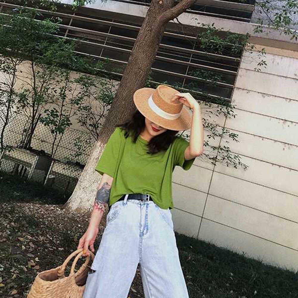 Kvinner sommer Strand solhatt merke flat topp stråhatt jente bånd strandhatt bein feminino gorra