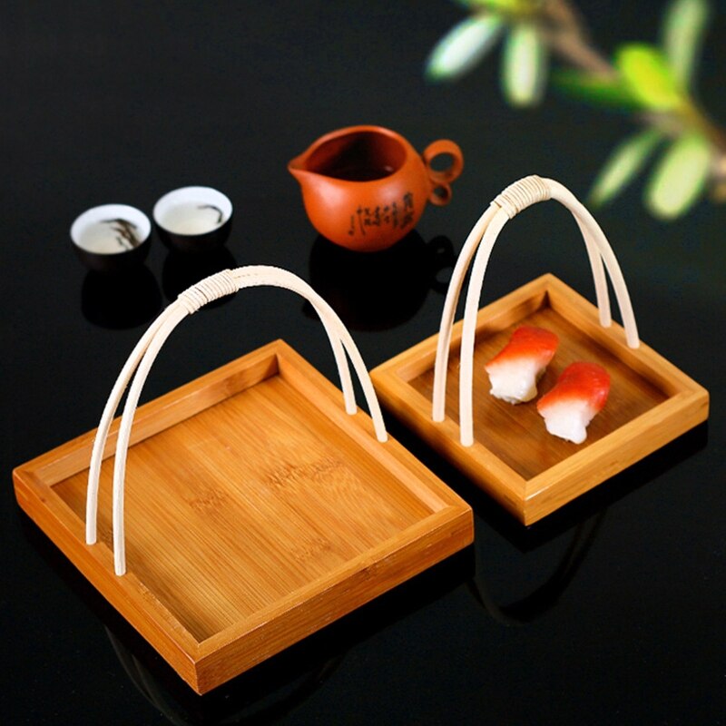 Japanese Sushi Bamboo Basket with Handle Dessert Fried Food Serving Tray Snack Fruit Dish Plate Round Paper Doilies Ta