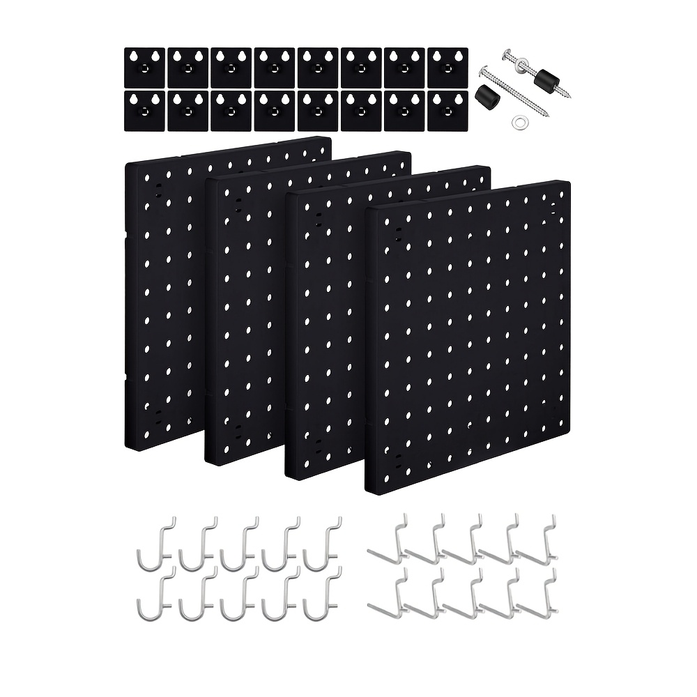 Organizador de estante de pared con tablero de agujeros de plástico, Panel de tablero perforado de exhibición de montaje en pared para dormitorio, estudio, oficina, baño, garaje, 4 Uds.: Negro