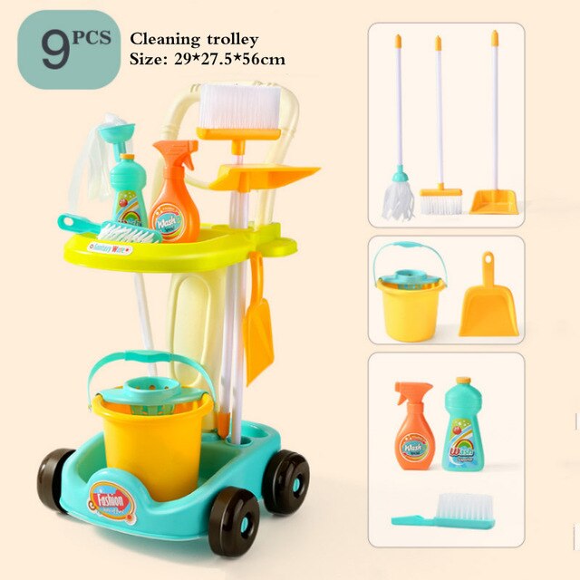 Product Children&#39;s Simulation Sweeping Toy Cleaning Kit Tool Trolley Simulation Play House Cleaning Toy Boy Girl Toy: 9PCS - A