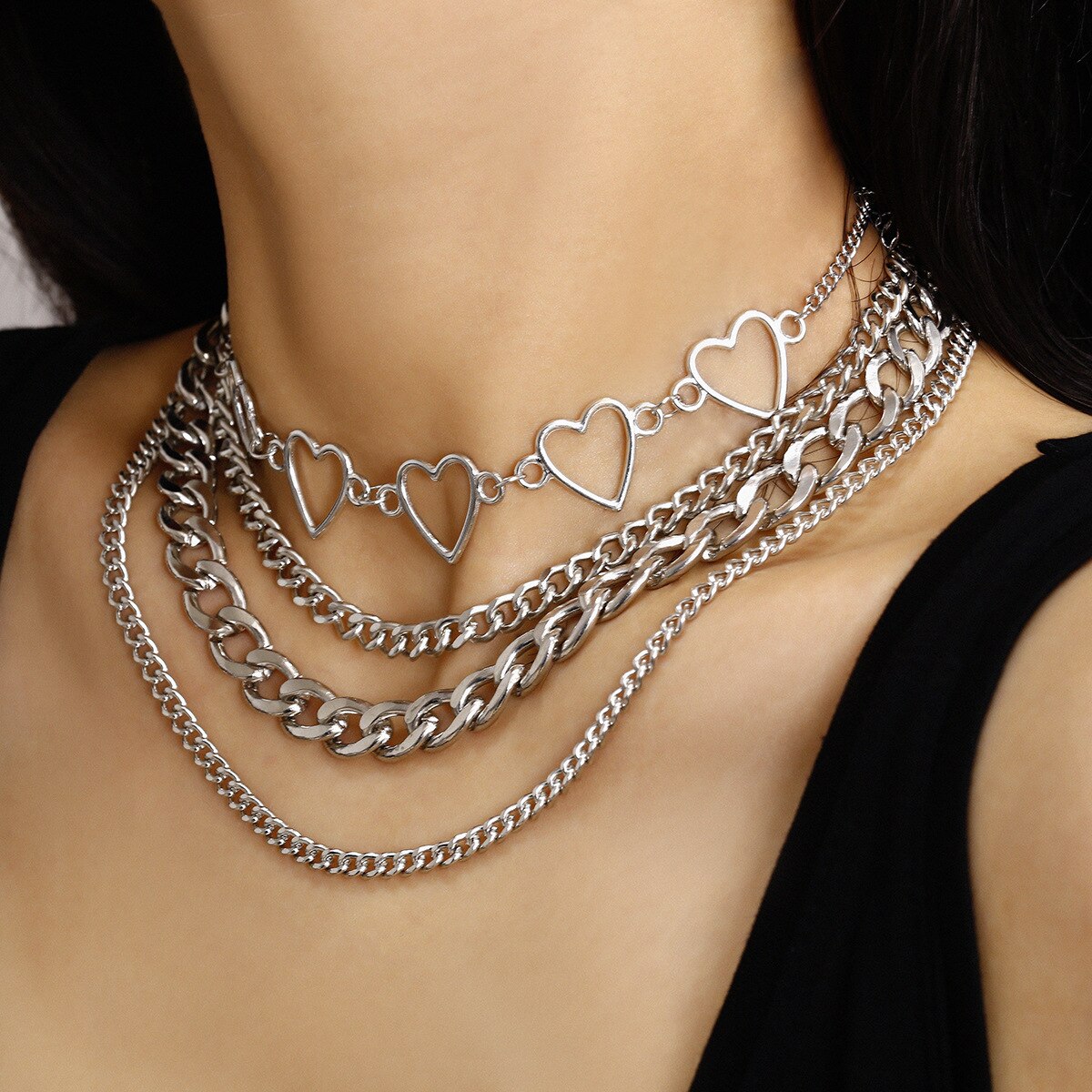 Punk Multi-layer Cubaanse Ketting Hart Kettingen Voor Vrouwen Trend Link Chain Collar Choker Kettingen Party Mode-sieraden