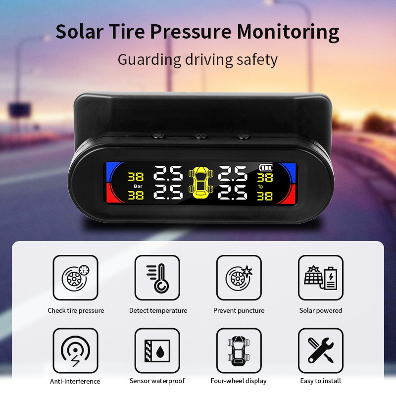 Car TPMS Tire Pressure Monitor System Automatic Brightness Control Solar Charging USB Adjustable IP67 Screen 4 External Sensor