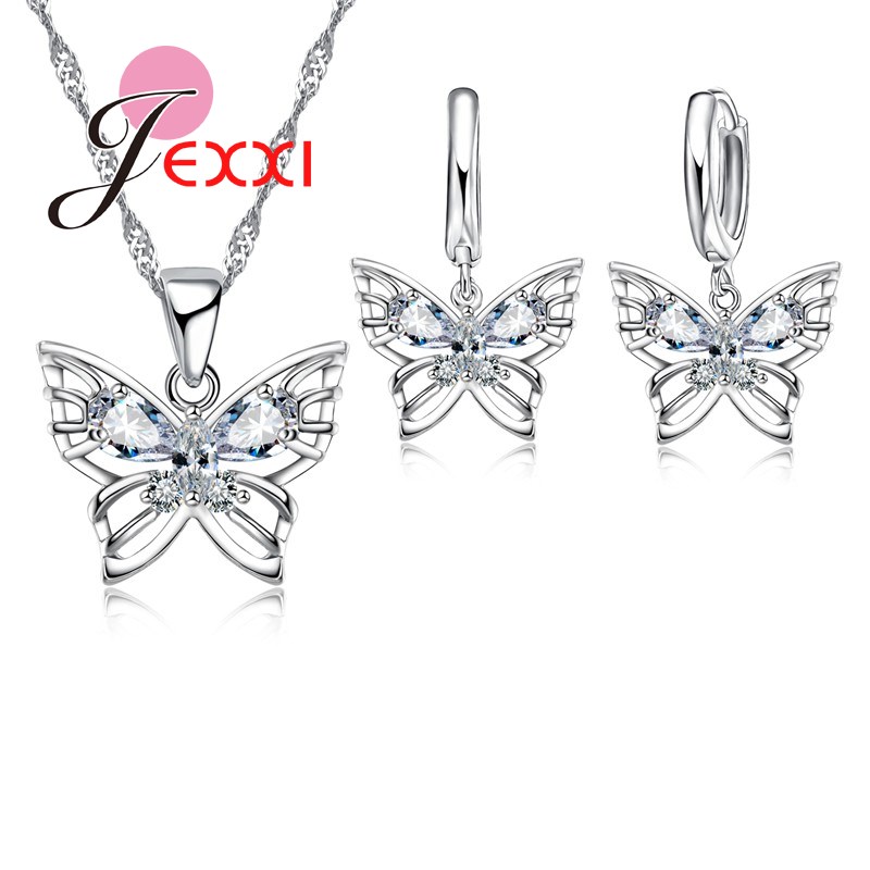 Romantische En Mooie Vlinder Sieraden Sets Voor Vrouwen 925 Serling Silver Shining Kristallen Ketting Hangers Oorbellen
