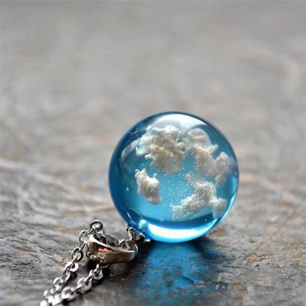 Blue Sky White Cloud Chain Pendant Necklace Janedream Chic Transparent Rould Ball shape Resin Necklace for Women Jewelry