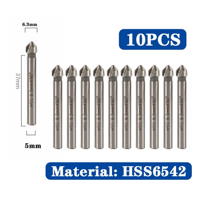 HSS Chamfer Chamfering Cutter End Mill Tool Countersink Drill Bit Set To Wood Stell Chamfer Cutter Power Tool 3 Flute 90 degree: 6542 10pcs 6.3mm