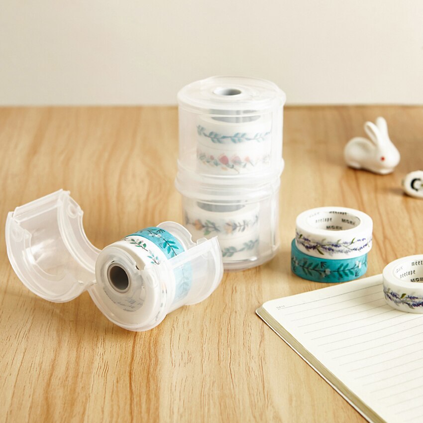 1pc bærbare plast gjennomsiktige skrivebord washi teip oppbevaringsboks skrivesaker maskering teip kutter teip holder til kunst, diy håndverk