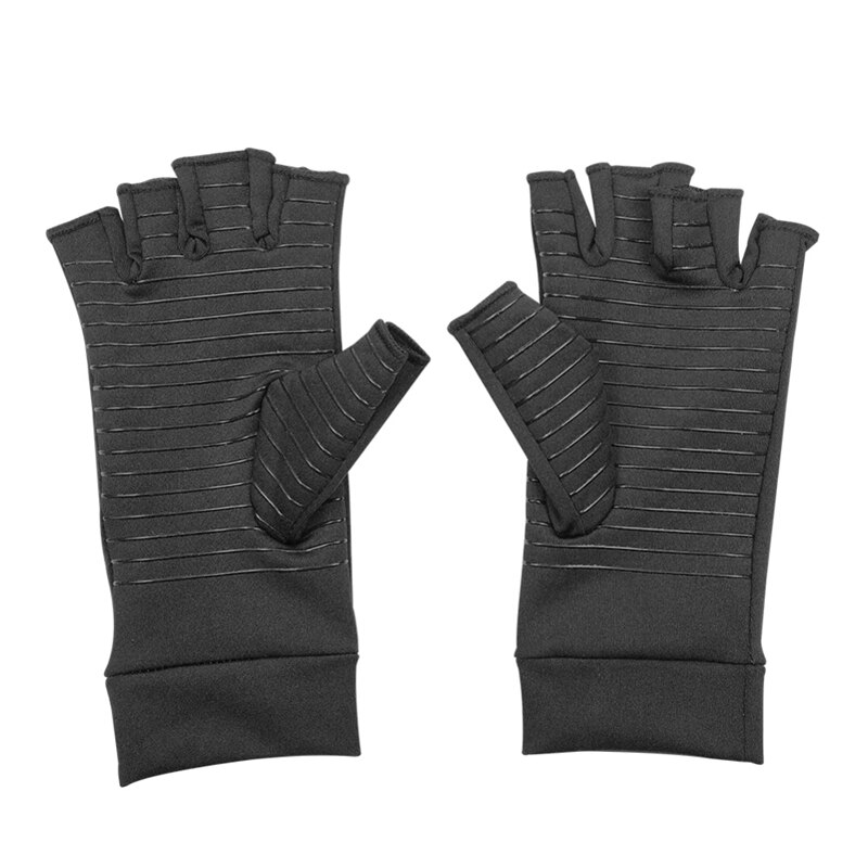 1 paar-Koper beklede Polyester fiber + Spandex Compressie Handschoenen Sport Half Vinger pijn herstel handschoenen: M