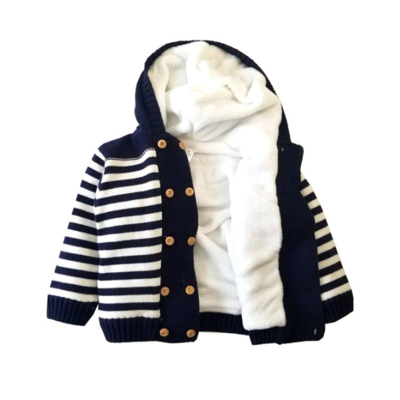 2022 Winter Dikke Katoenen Gebreide Hooded Gestreepte Baby Boy Truien Lange Mouw Peuter Meisje Jas Double Breasted Baby Kleding: Blauw / 3-4Y