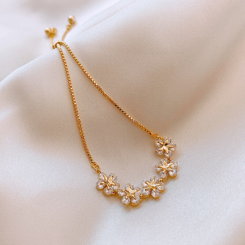 Luksus cubic zirconia blomst charme armbånd til kvinder udsøgt guld kæde manchet armbånd pige smykker