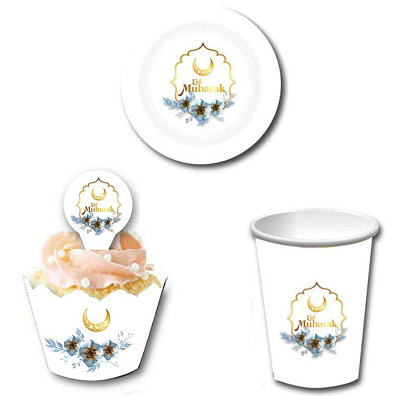 Eid Mubarak Wegwerp Servies Papier Plaat Cup Servet Ramadan Mubarak Moslim Islamitische Festival Party Diy Decoratie Benodigdheden