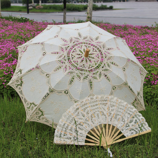 Fabrik Handgemachte Verschiedenen Größen Prom Hochzeit Braut Spitze Regenschirm Fan Sonnenschirm Latte-Burg Spitze Sonnenschirm und Fan einstellen: A0184 Beige
