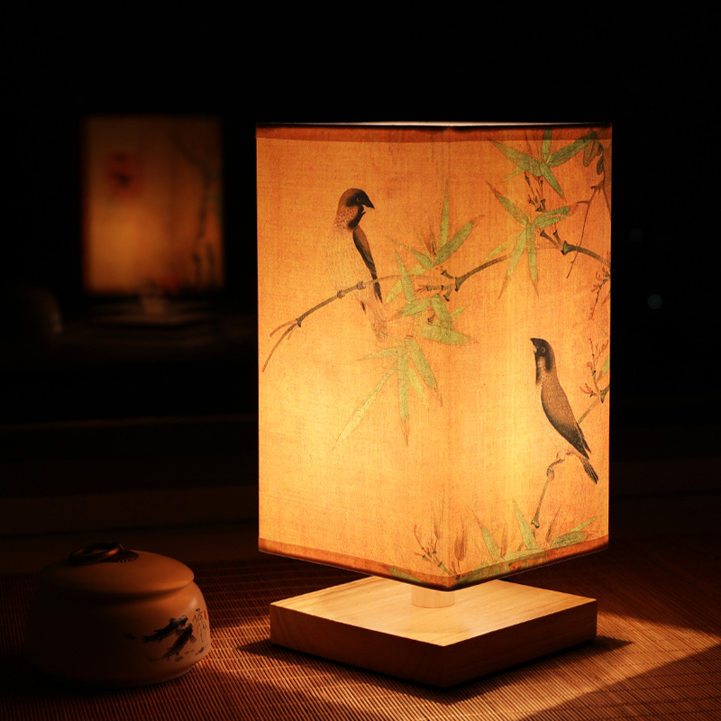 Lampe de Table en bois de Style chinois Vintage, peinture de paysage rétro, lampe de bureau pour décoration de chambre, personnalité à côté de la lampe: Beige / WHITE