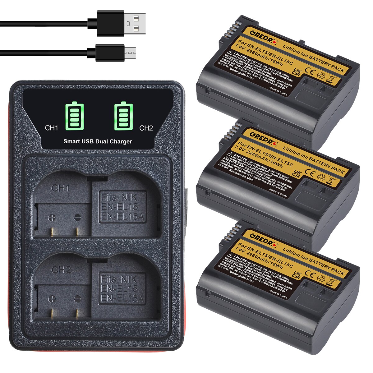 4x EN-EL15 EN-EL15C EN EL15 EL15C Battery + Charger with Type-C Port and Built-in Cable for Nikon Z6, Z7, D500, D600, D610, D750: 3B with Charger