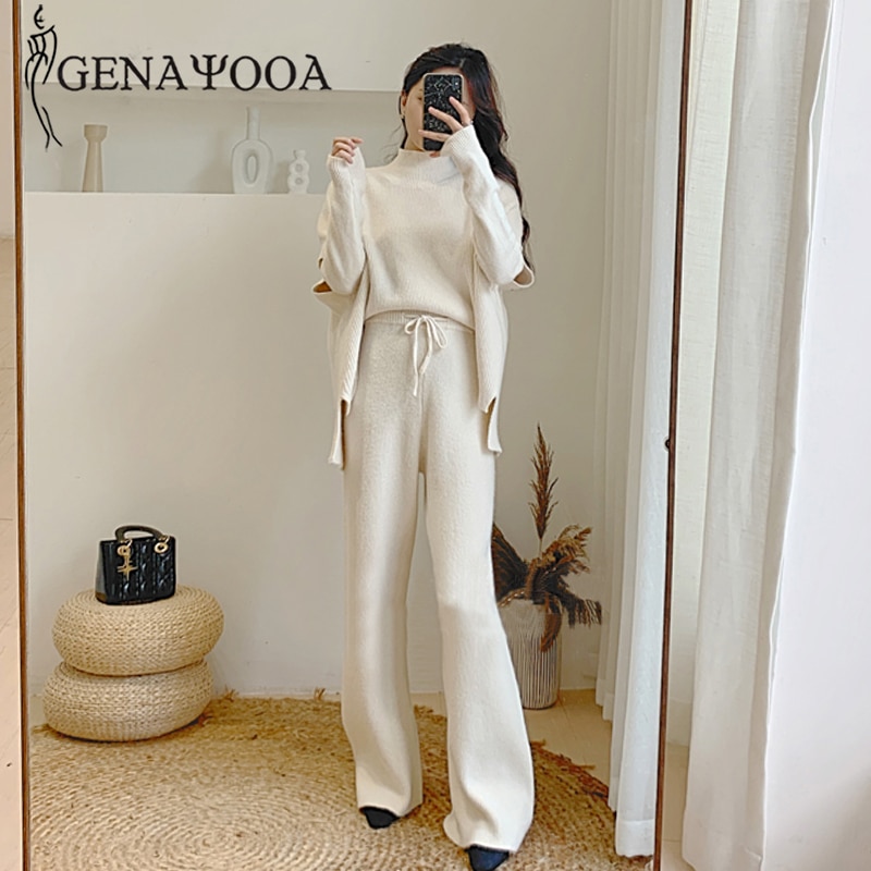 Genayooa Knitted 3 Piece Set Sweater Pants Woman Knitting Wide Leg Pants And Pullover Three Piece Suits Tracksuit Women