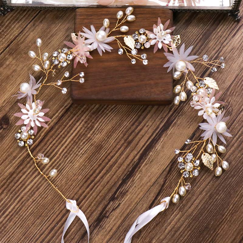 GETNOIVAS Pink Flower Rhinestone Hair Pins Headpiece Tiara Pearls Bridal Headband Hairpin Hair Jewelry Wedding Hair Accessory SL