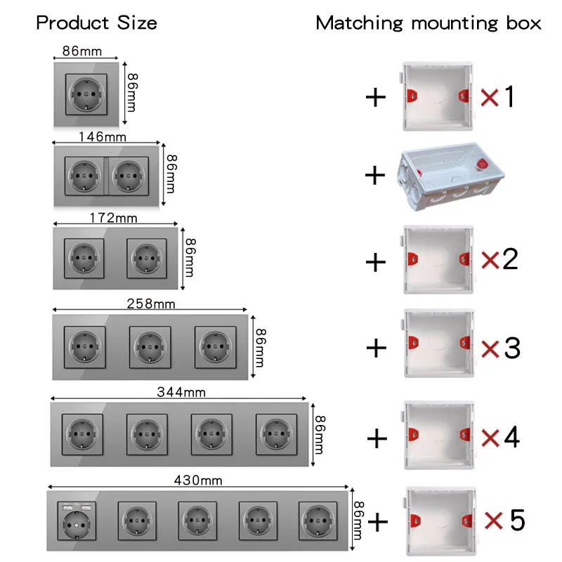 Novski wall mounted module DIY European standard gray crystal glass panel socket switch button function module combination