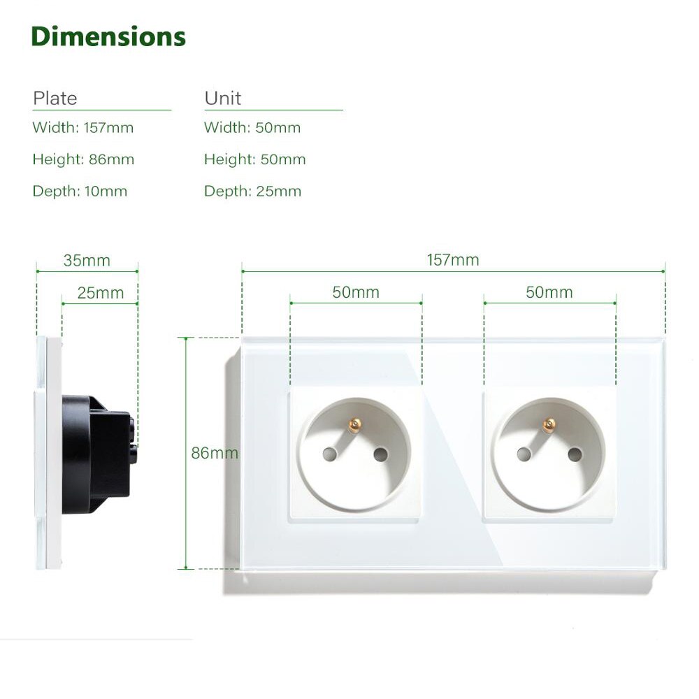 Franse Dubbele Stopcontact Crystal Glass Panel Stopcontacten 157 Mm 16A Frankrijk Muur Outlets Rechthoekige Voor Bedroon Keuken