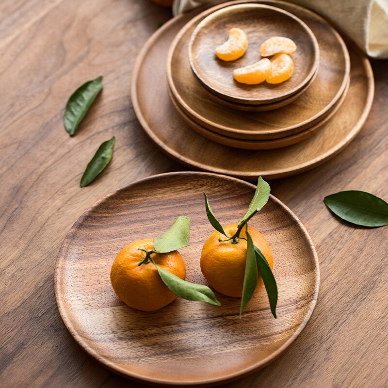 JDB-platos de madera de nogal redondos, vajilla de madera sólida, plato de aperitivos, vajilla, juego de platos