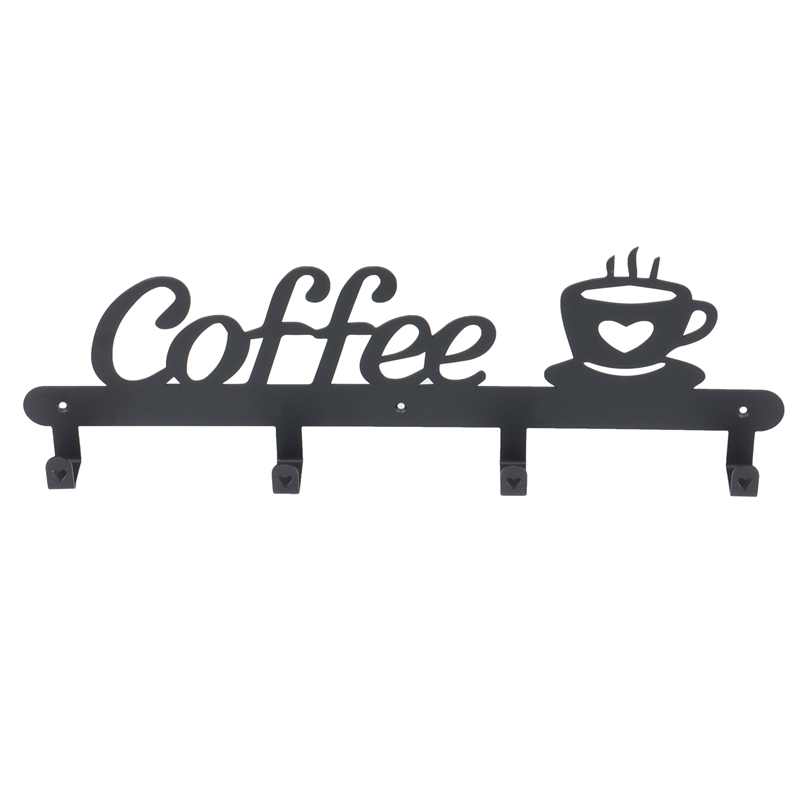 Metal Coffee Mug Holder, Wall Mounted Coffee Cup Rack With Coffee Sign, 4 Hooks Art Metal Cup Hanging Decor