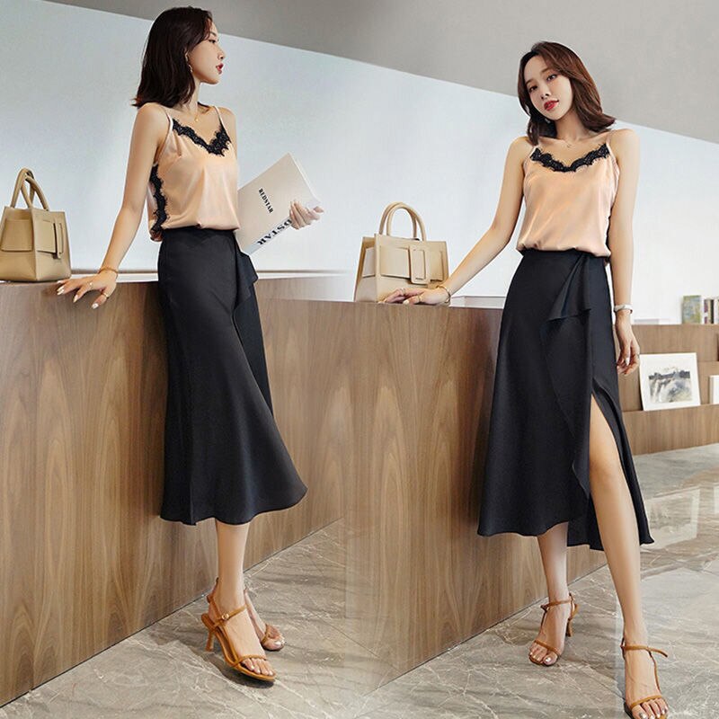Jupes d&#39;été mi-longues en soie pour femmes, Style anglais coréen, en Satin, pour bureau, simples, solides, noires, amples