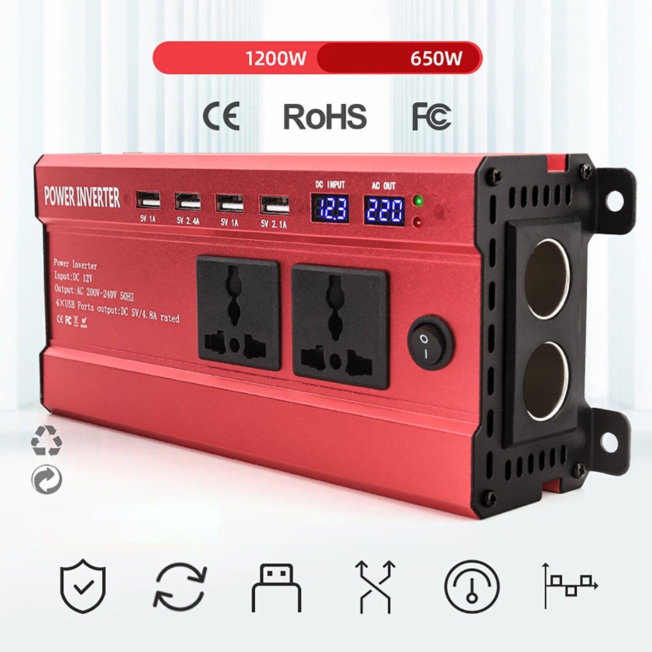 1200W 12/24V To 220V Solar Power Inverter Intelligent LCD Dual Digital Display 4USB Interface Modified Sine Wave Power Inverter