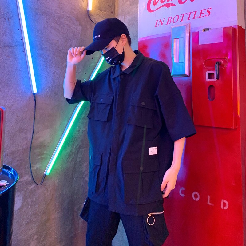 Lappster menn streetwear lommer last skjorter ins moter sommer kortermede svarte skjorter mann japansk stil hofte hopp klær: Svart / Xl