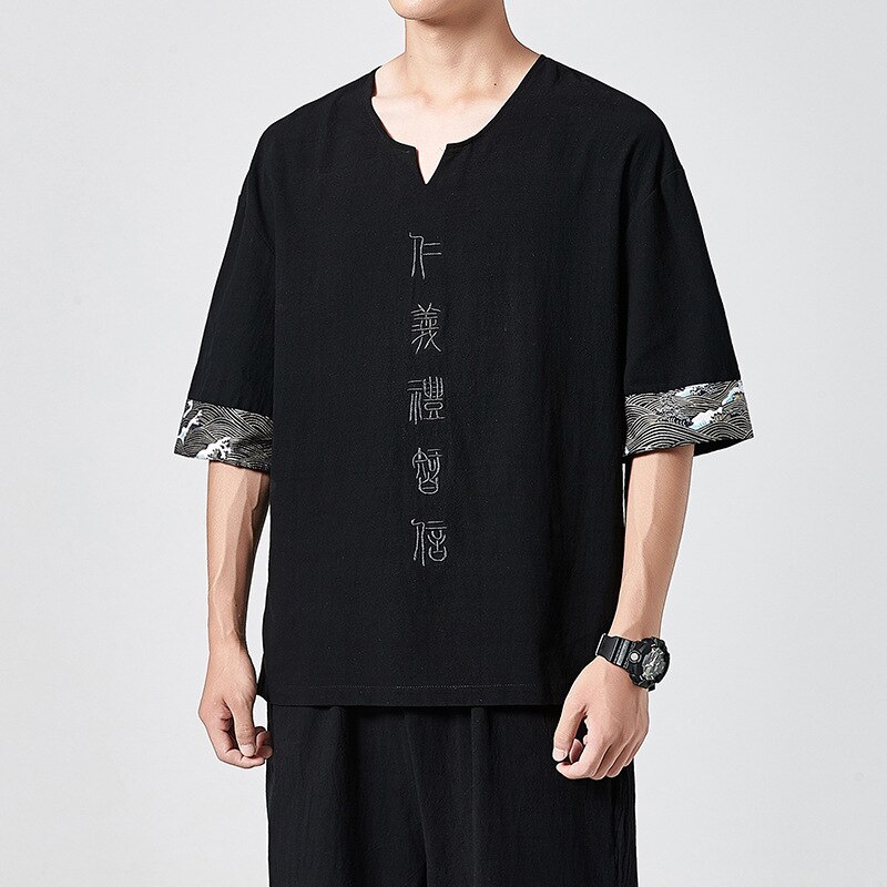 Japanske kimonoer kortærmet t-shirt broderet harajuku yukata japan sommer herre linned herre skjorter bukser asiatisk kostume: Farve 1 / 5xl