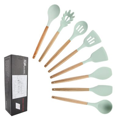 11 st silikon köksredskap set, rosa massivt trä handtag med förvaringslåda, köksutrustning kit köksredskap tillbehör: 8pc blå b