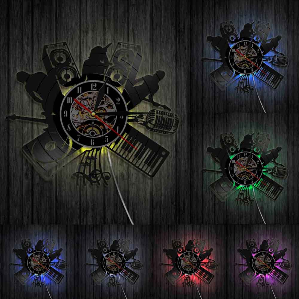 Rock &amp; Roll Music Band Vinyl Record Wall Clock Modern Singer Singing Decorative 3D Wall Clock Handmade 3D Wall Watches: With LED