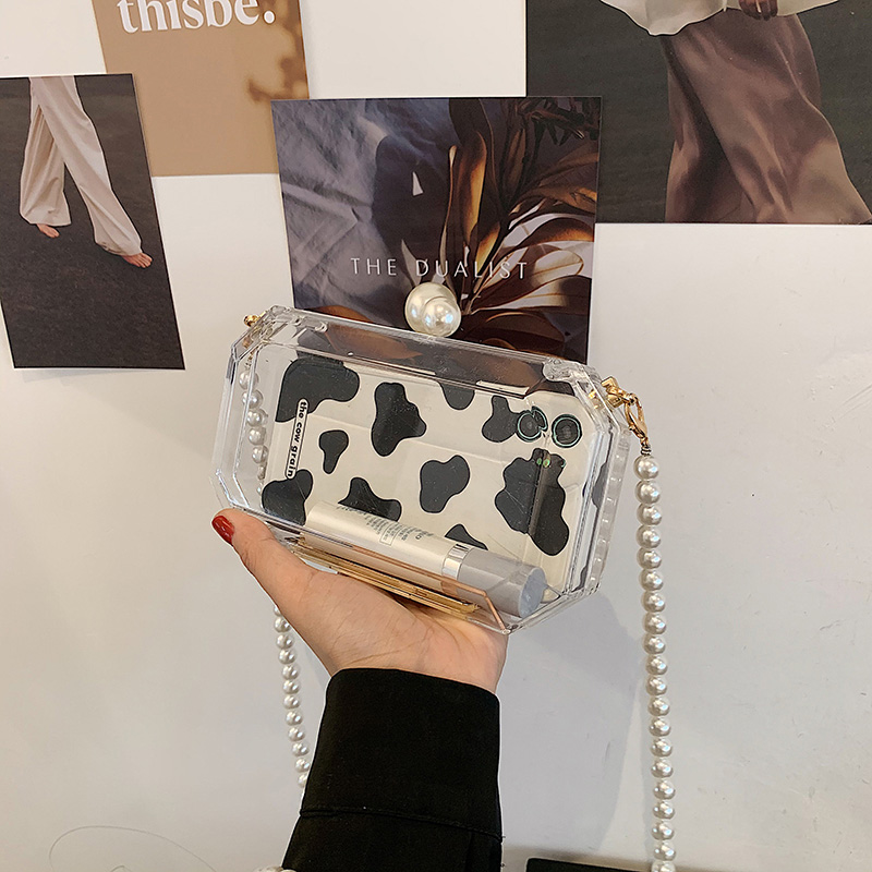2022 moda trasparente scatola acrilica pochette borsa da donna trasparente borsa a forma di botte di plastica borsa da festa per ragazza con catena di perle: Radura