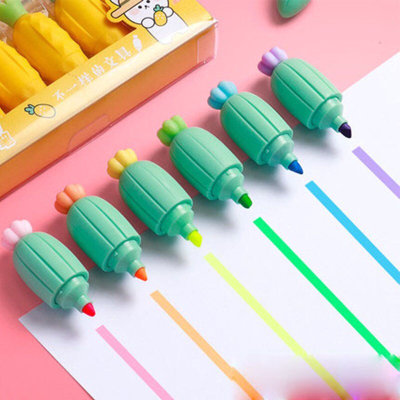 Surligneur carotte Cactus Kawaii, 6 couleurs, peinture, dessin, marqueur d&#39;art, fournitures scolaires, papeterie , 8 boîtes/lot