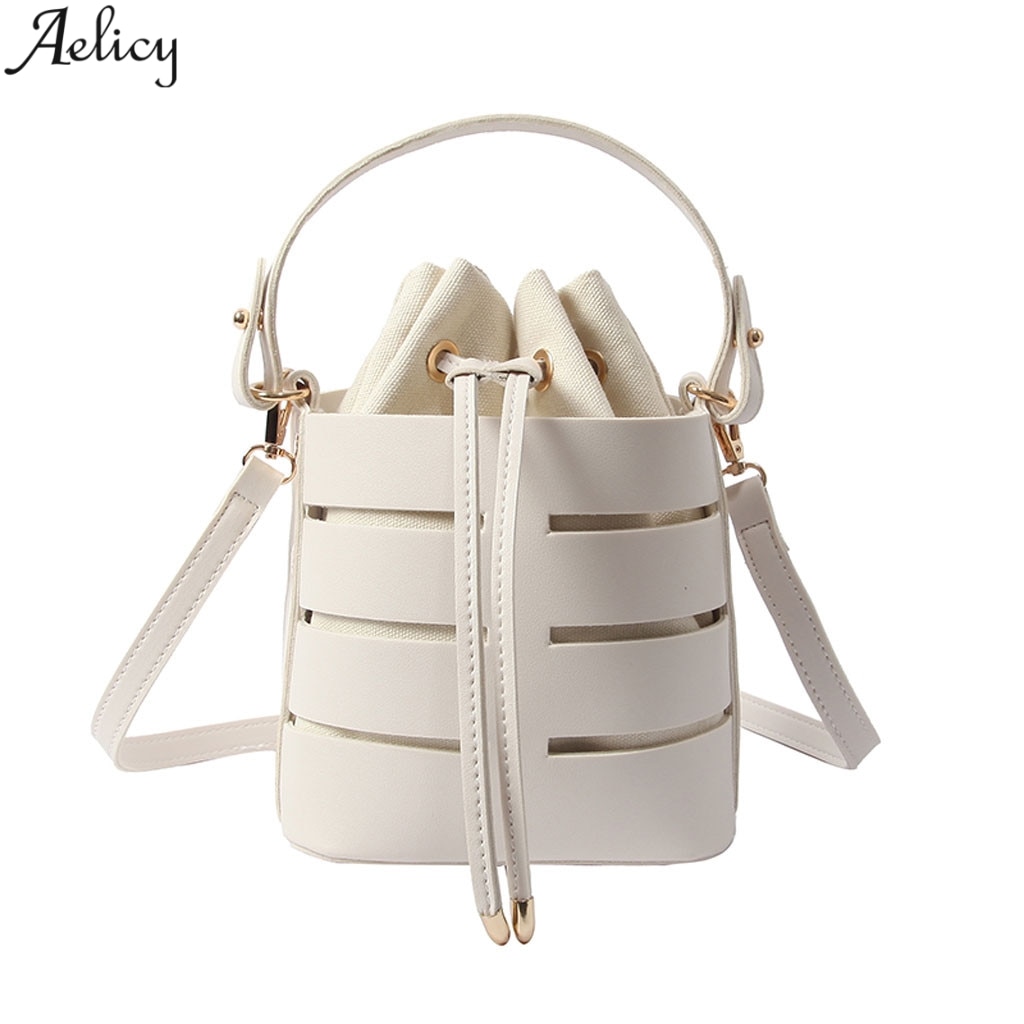 Aelicy Multi-layer Handbag Women's Hollowed Single Shoulder Bag Solid String Closure Softback Messenger Bags Bucket Pu
