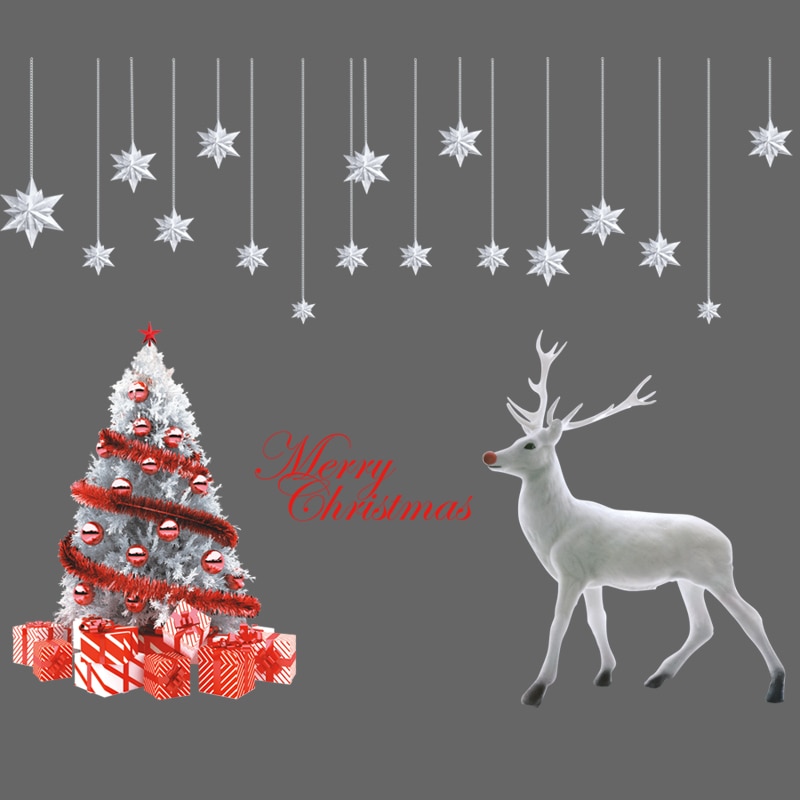 Store glædelige jul wallstickers vinduesglas udstillingsvindue hvidt træ hjorte hængende kunst mærkater juledekoration butiksindretning