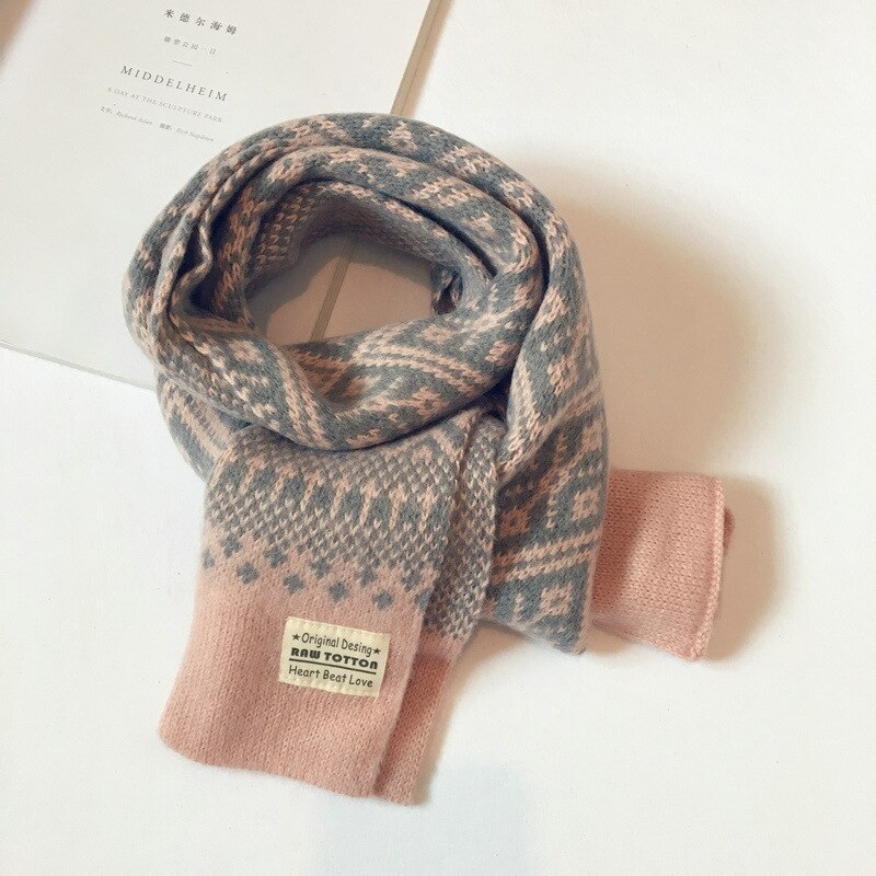Höst vinter barn scarfs för flickor pojkar retro geometriskt mönster ull stickad baby scarf varm sjal barn halsdukar: Rosa / Ull-