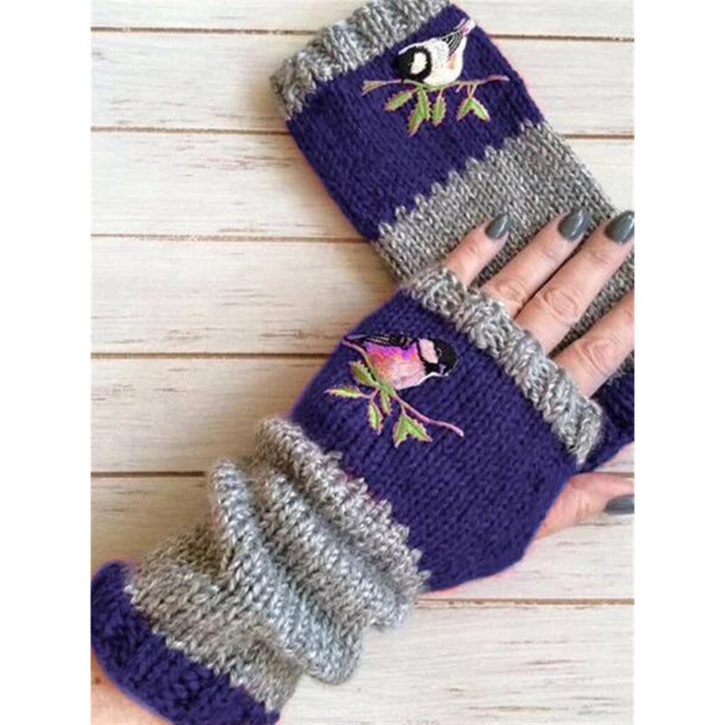Guantes de punto con bordado de pájaros para mujer, guantes de punto sin dedos y de terciopelo con empalme de bloque de Color, guantes para mujer, guantes de Rekawiczki Damskie